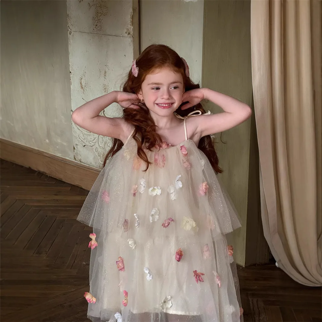 

2025 Summer Girls' New Fairy Dress with Floating Yarn Three Dimensional Flower Sleeveless Strap Up Yarn Skirt