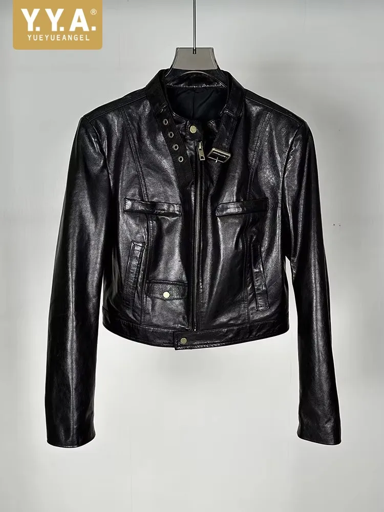 Punk Women Vintage Genuine Leather Jacket Stand Collar Long Sleeve Zipper Motorcycle Short Coat Streetwear Sheepskin Outerwear