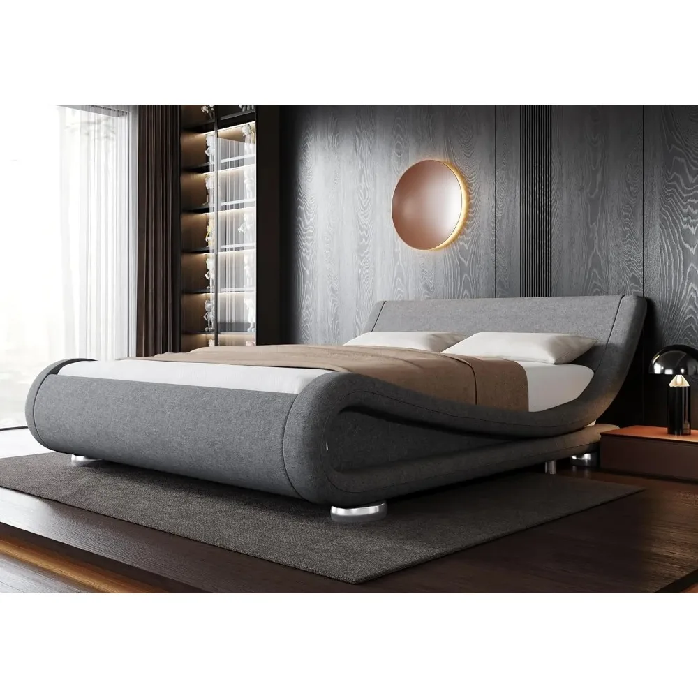 Full Size Bed Frame with Ergonomic & Adjustable Headboard, Low Profile Modern Upholstered Platform Sleigh Design