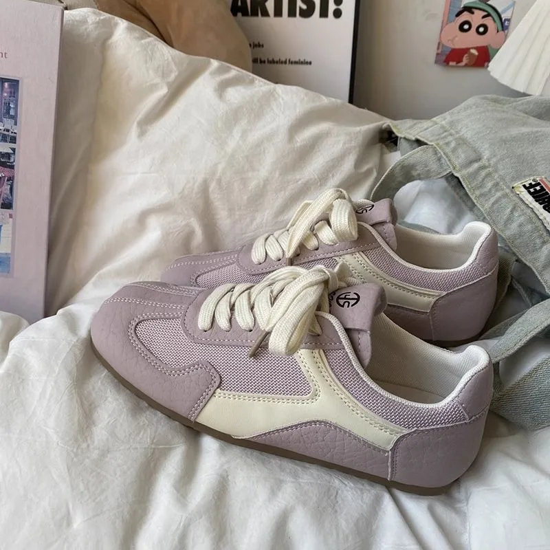 Women Retro Color Block Mesh Flat Sneakers Leather Patch Lace Up Shoes Breathable Daily Low Top Footwear