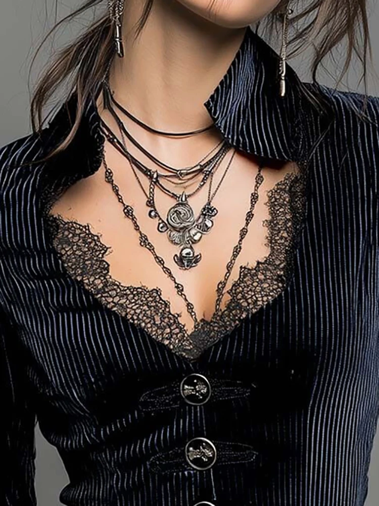 

Женская элегантная вельветовая полосатая кружевная лоскутная рубашка с нестандартным квадратным воротником, модный тонкий однобортный кардиган с расклешенными рукавами