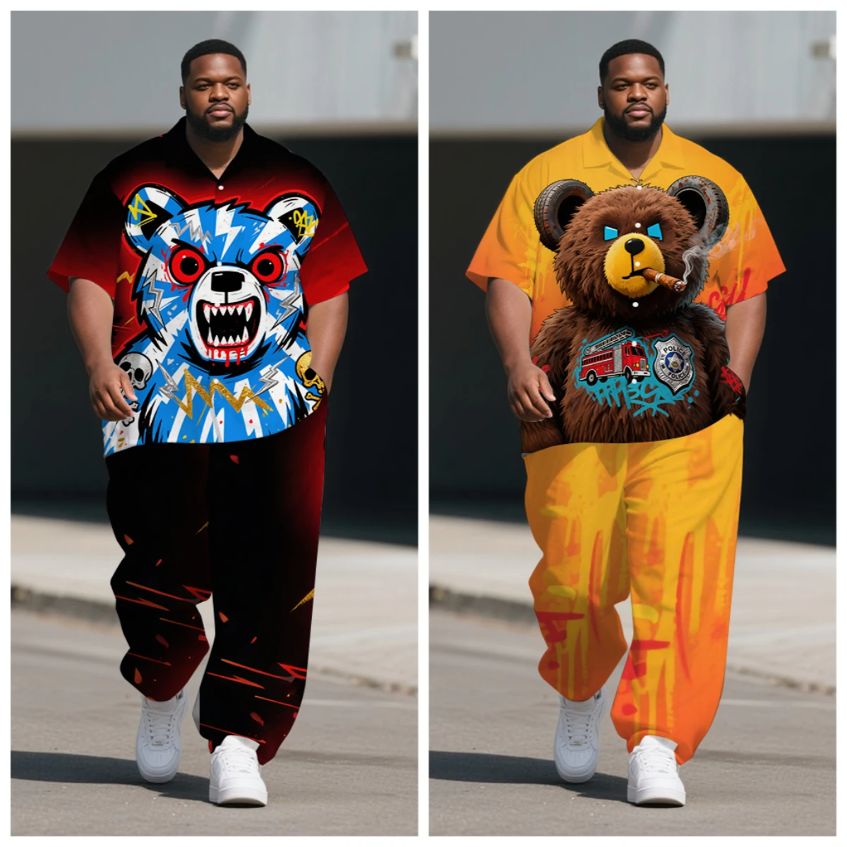

S-9XL Men's Summer Cartoon Bear Print Oversized Shirt & Pants Set Multi-Design Casual 2-Piece Outfit