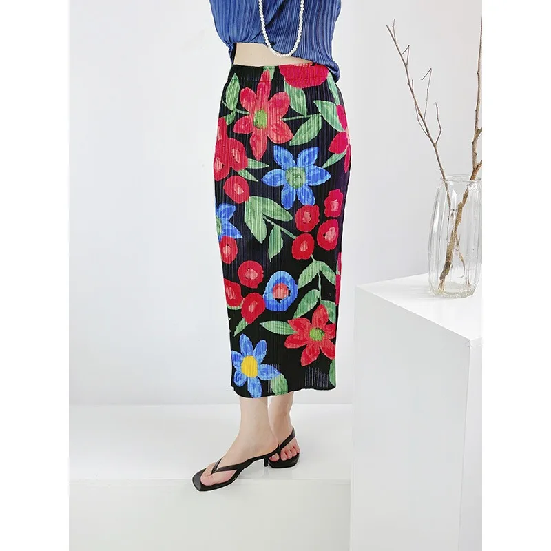Plisse Miyake 2025 Spring Summer New Printed Half-skirt Back Open Fork Temperament Thin Versatile Women's Casual Resort Skirt