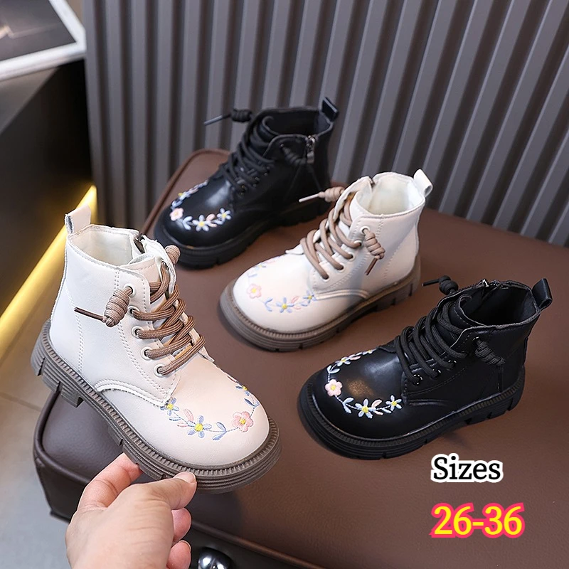 Kids Fashion Ankle Boots Embroidered Ages 3-18 Boys Girls Shoes Flat Kids Shoes Toddler Kids Leather Boots Children Footwear