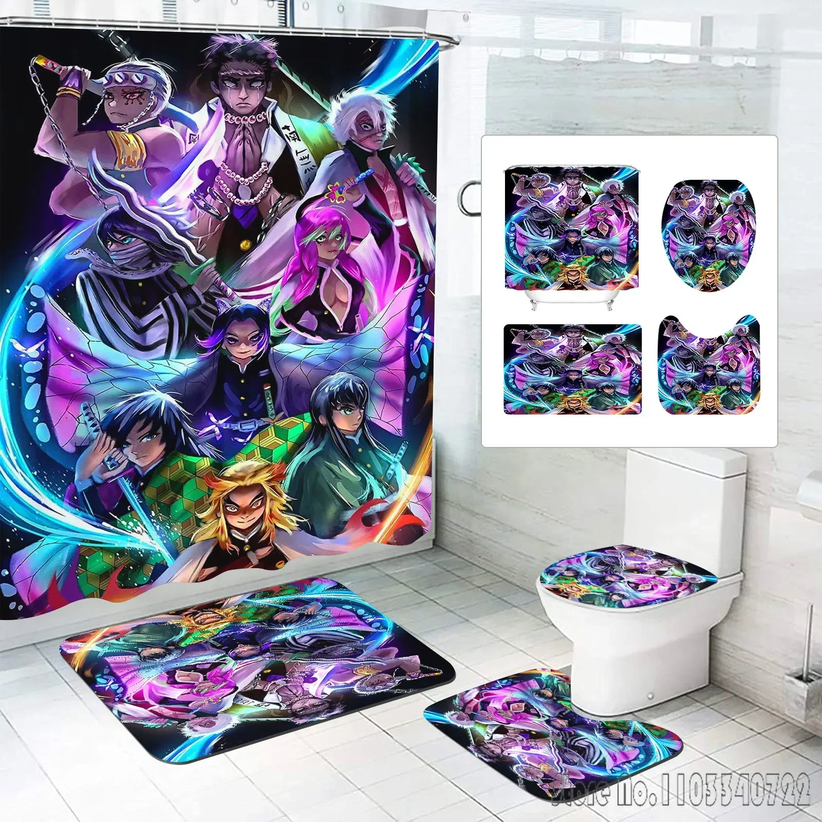 Demon Slayer: Kimetsu No Yaiba Anime Home Bathroom Accessories 4 Piece Set Mats And Shower Curtain  Curtains Sets Luxury