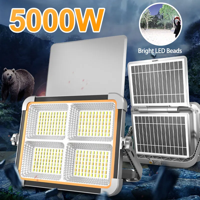 

5000W Solar Light Portable Rechargeable LED Camping Strong Light Power Outdoor LED Reflector Spotlight Waterproof Hanging Night