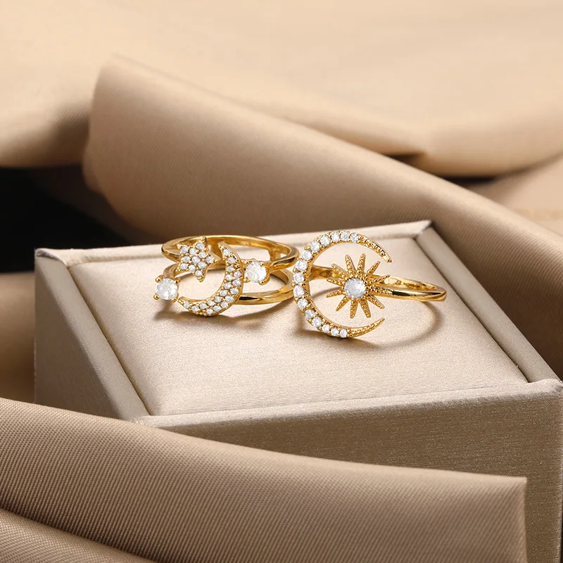Zierliche Kristall Mond und Stern Ringe Für Frauen Mode Offenen Zirkon Ring Planet Hochzeit Schmuck Zubehör Bague Femme 2022