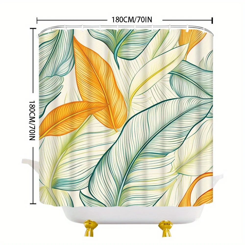 Line Art Tropical Leaf Illustration Shower Curtain 1pc with 12 Hooks for Bathroom Home Decor Polyester  70.8x70.8 Inch