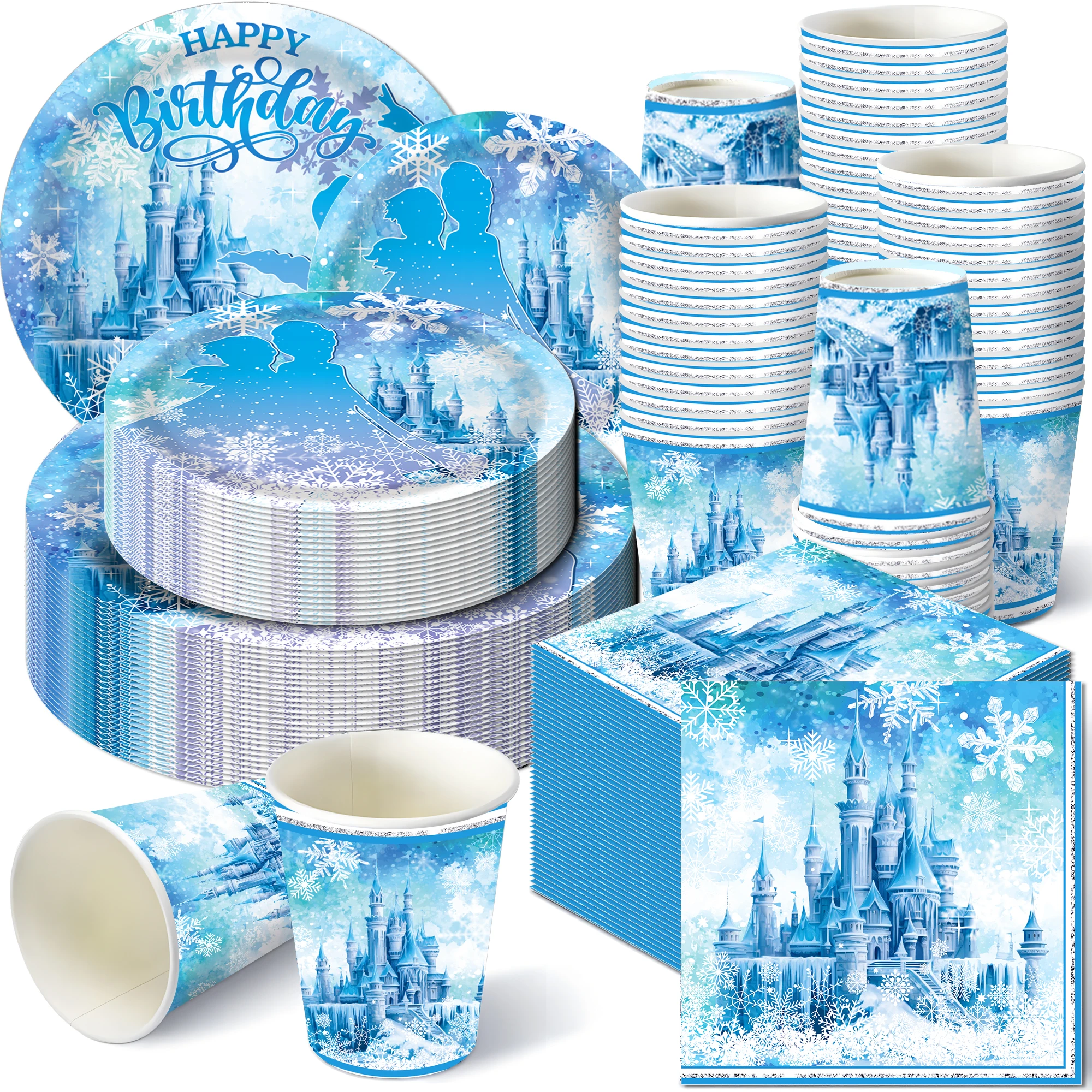 Winter Snow Snowflake Frozen Castle Disposable Paper Tableware Kit, Plates Cups Napkins, Birthday Christmas Party Decorations