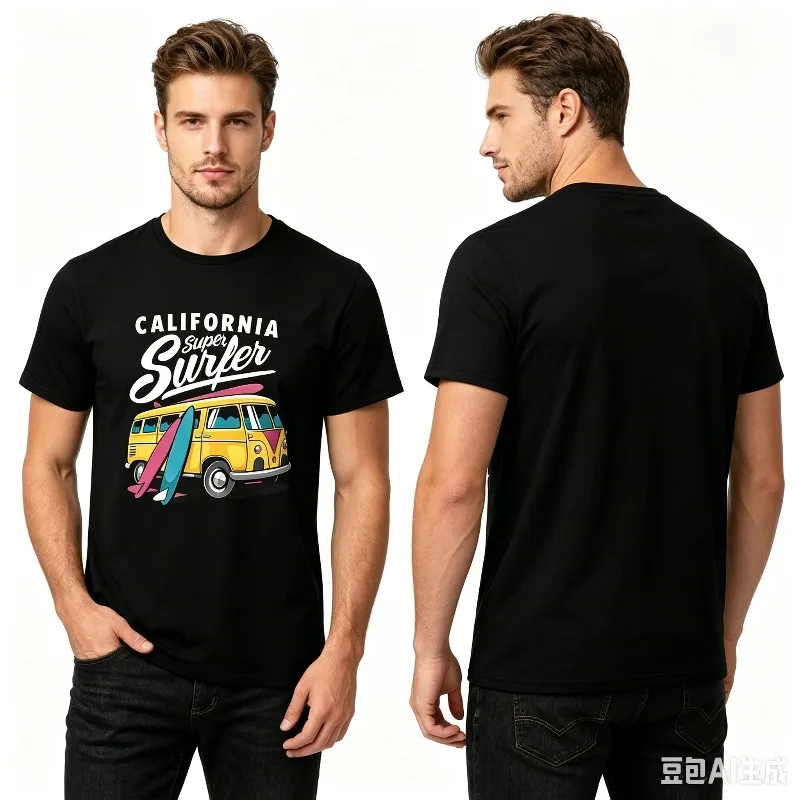 Men's California Surfer T-shirt, Casual Short Sleeve Tee with Vintage Van Print, Black and White Options