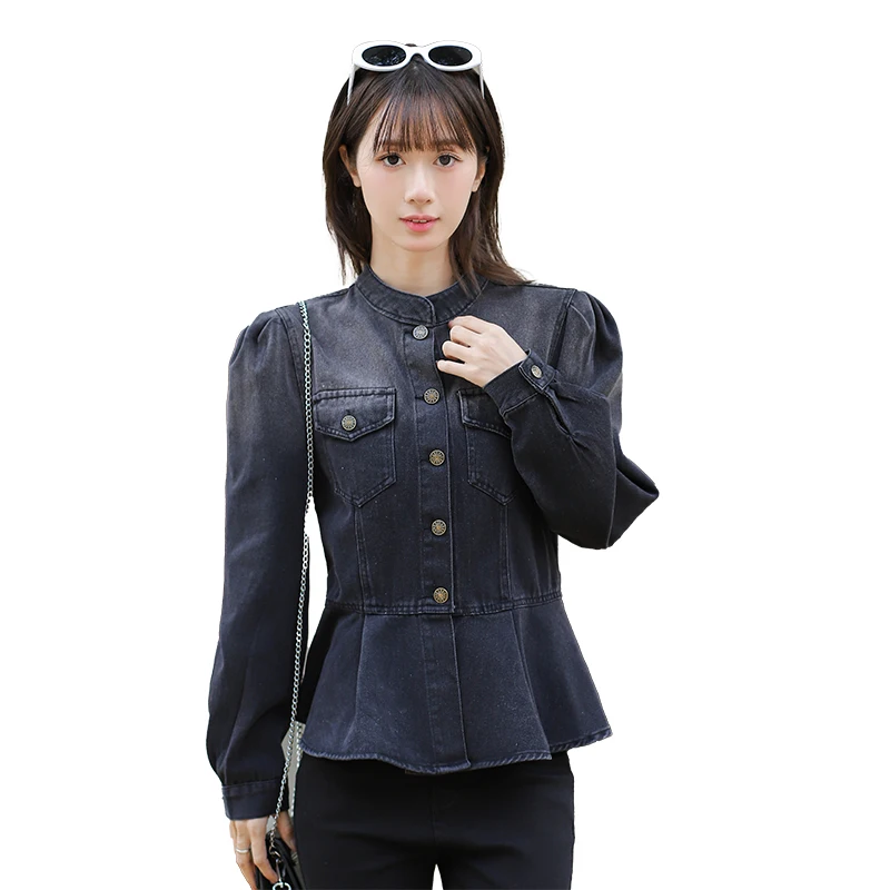 Women\'s Autumn Sprong New High Quality Elegant Female Office Ruffle Denim Jacket