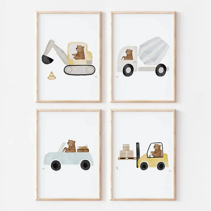 Cute Boho Bear Crane Excavator Tractor Truck Nursery Posters And Prints Canvas Painting Wall Art Pictures Baby Kids Room Decor