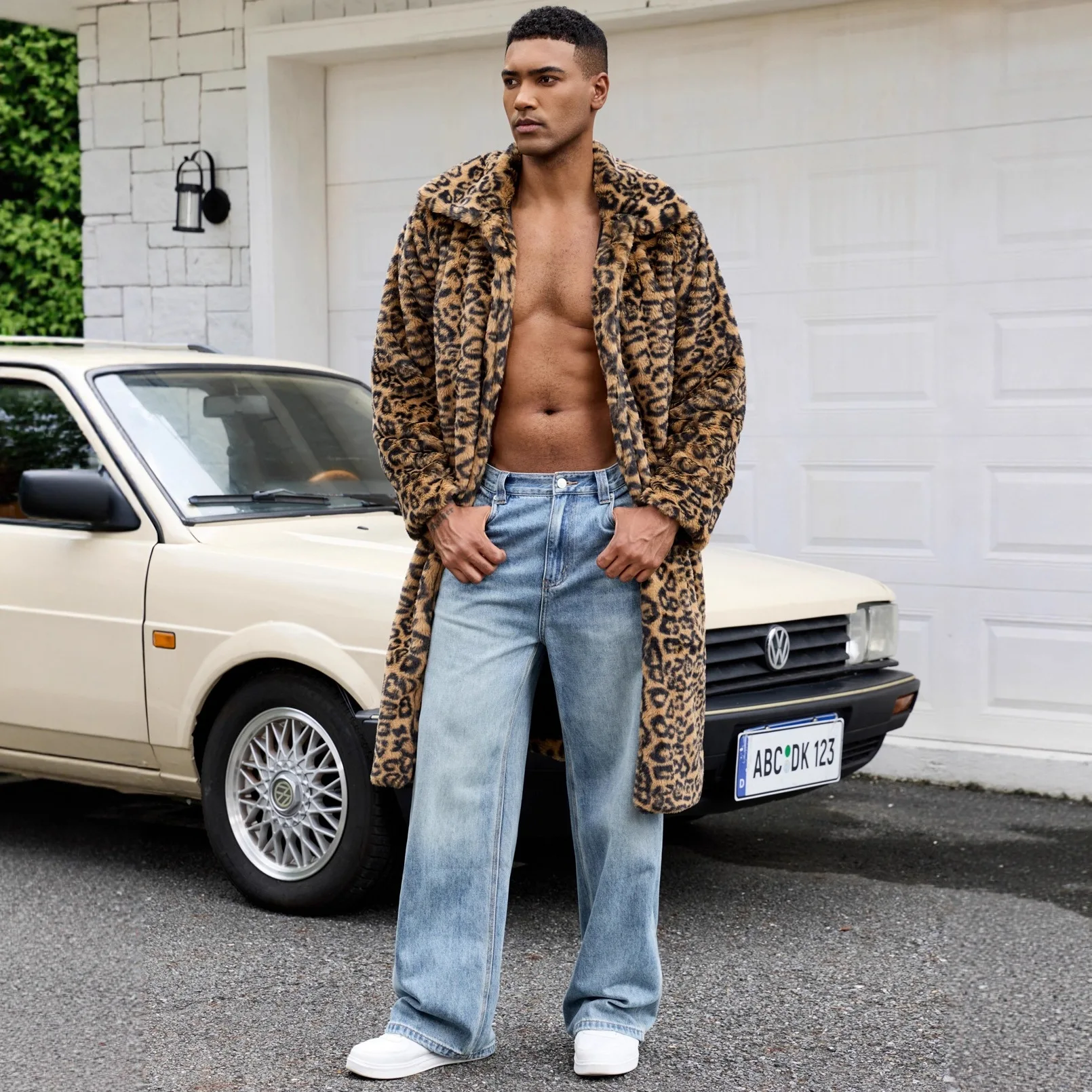 2026 Men Faux Fur Leopard Print Long Coat Full Sleeve Thick Warm Jackets Lapel Loose Streetwear Cardigan Jacket Autumn Winter