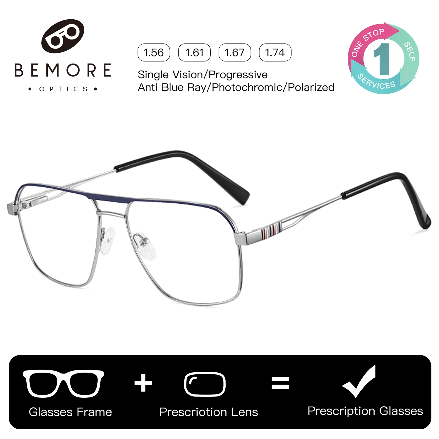 BEMORE Fashion Spring Hinge Metal Prescription Eyeglasses Man Pilot Anti-Blue Ray Myopia Multifocal Glasses with Medical Recipe