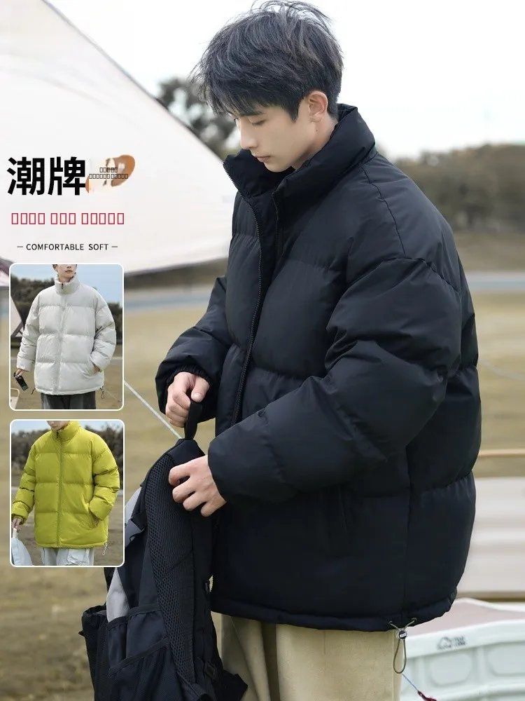 

Warm Cotton Jaet Men's Stand Collar Bread Sle Coat Pure Color Autumn Winter ex Matching Cute Youth Faion Casual Coat
