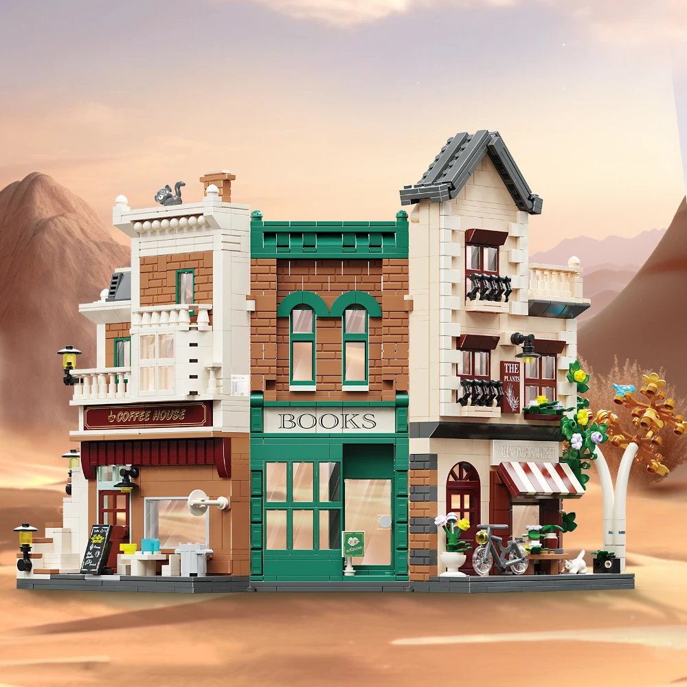 MOC Modern Architecture Bookstore Bookends Building Blocks Set Book Library House Villa Toys For Children Valentine's Day Gifts