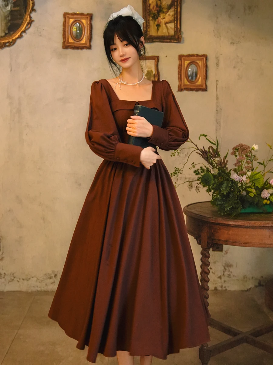 TIYIHAILEY Lente Herfst Vrouwen Jurk Volledige Lantaarn Mouw Lange Mid-Kalf Dames S-XL Vintage Hoge Taille 2025, Nieuwe Vierkante Kraag