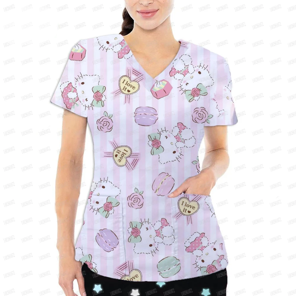 Hello Kitty/Kuromi printed nurse frosted top women's work clothes shirt short sleeved V-neck uniform dentist nurse uniform