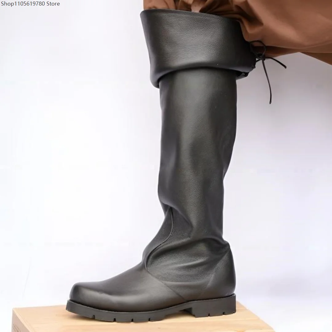 2026 Men Medieval Renaissance Knee High Tall Boots European Vintage Style Leather Shoes Role Play Halloween Costume Footwear