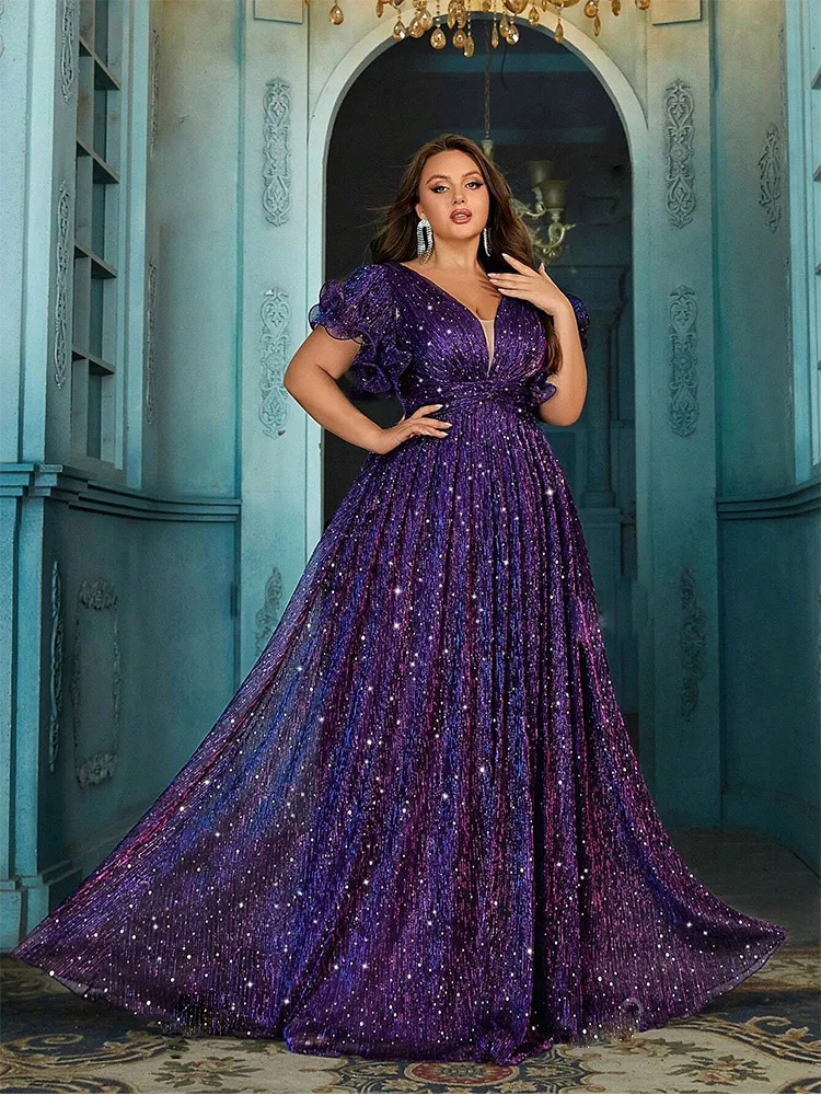 Plus Size V Neck Purple Colorful Sparkling Dinner Dance Prom Gown Dress Big Size Colorful Sparkling Bridesmaid Prom Dress