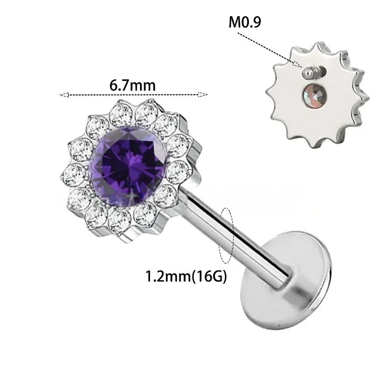 16G G23 Titan Labret Piercing CZ Blumen-Design Helix Tragus Knorpel Flacher Rücken Lippen- & Nasenstecker Ohrring - Körperschmuck – Detail 5