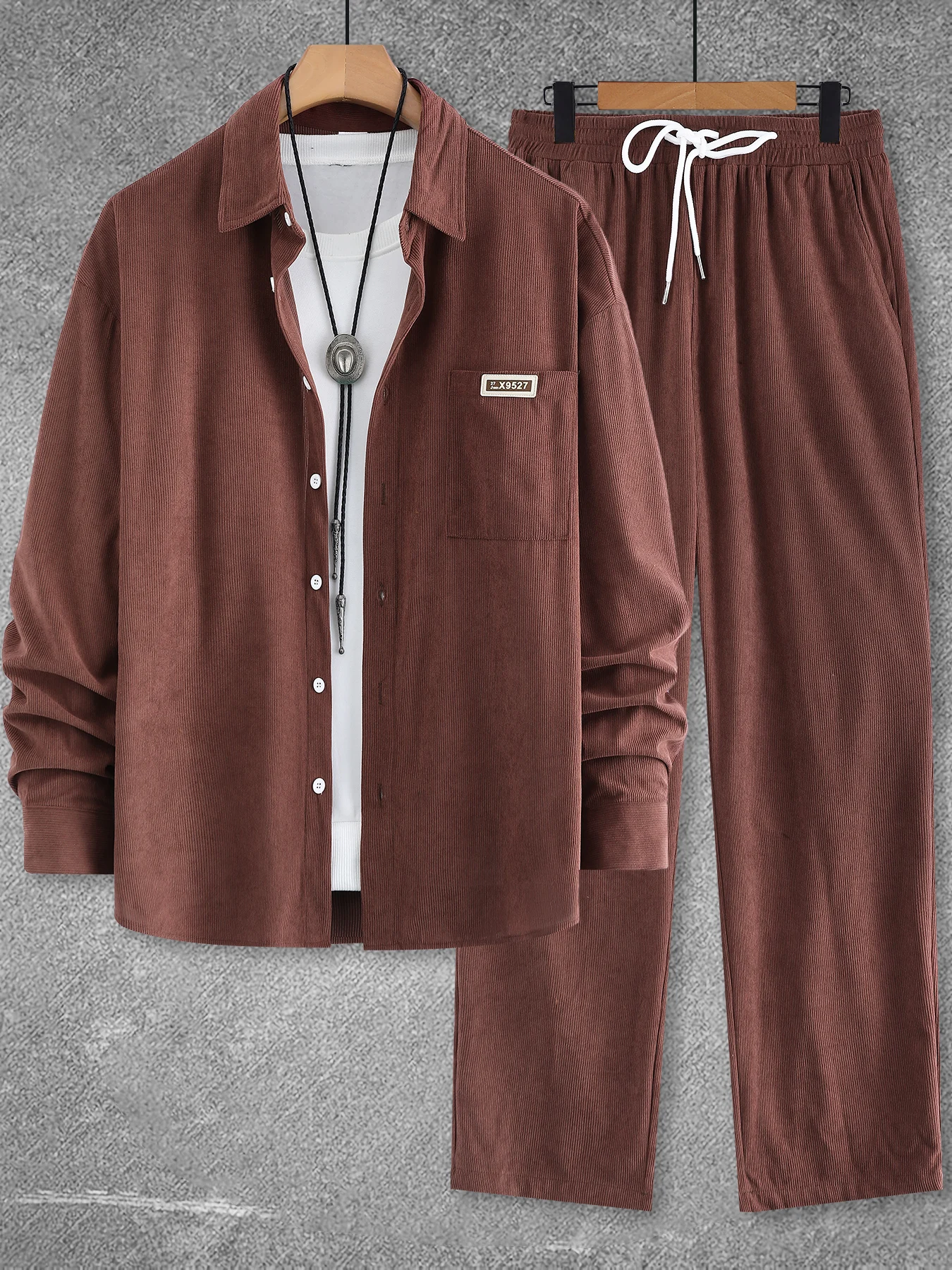 Picture 3: Men's Autumn and Winter Solid Color Long-Sleeved Pocket Shirt Collar Long Pants Casual Suit