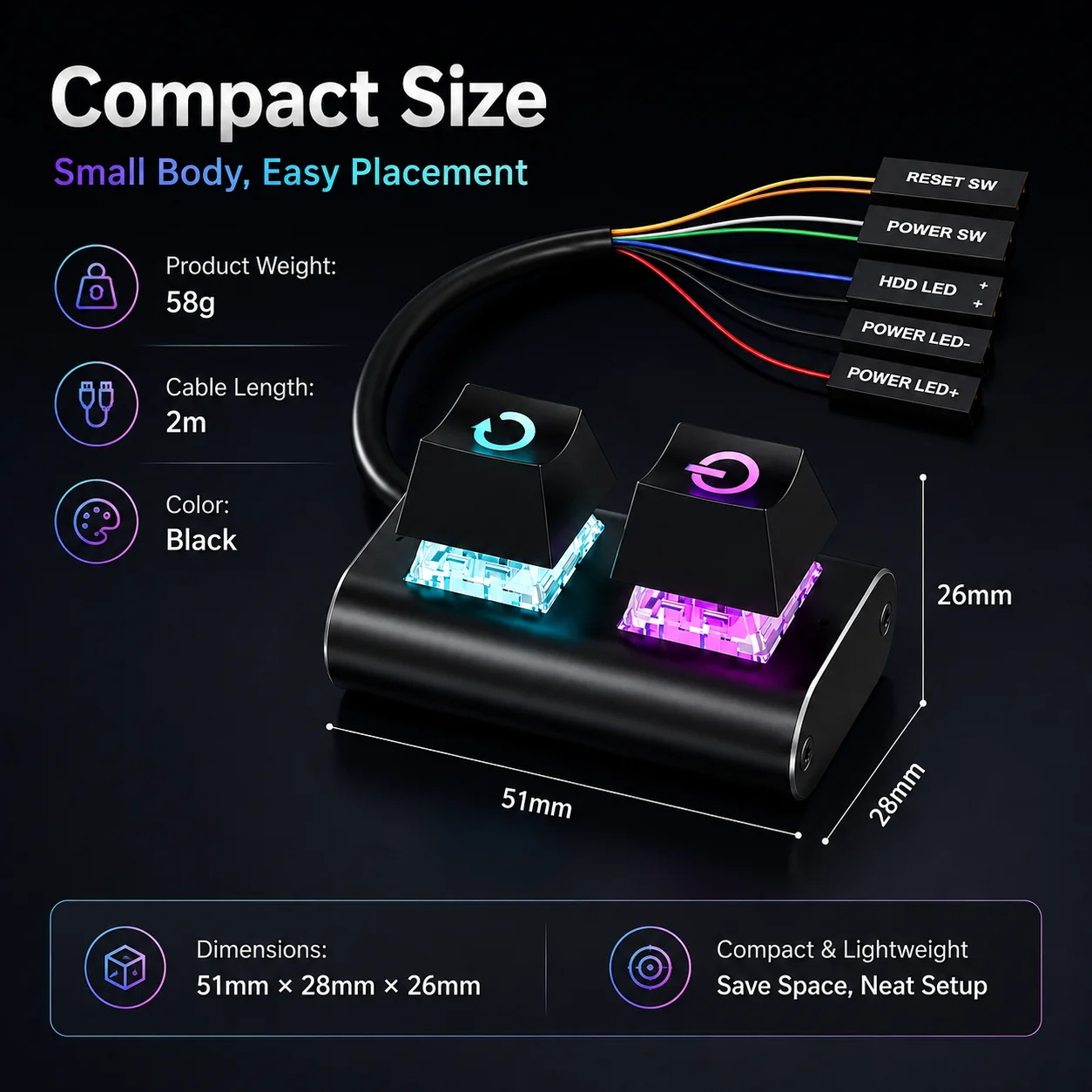 Desktop Computer External Power Reset Switch Dual Button Aluminum Alloy 2M Extension Cable PC Case On Off Restart Switch