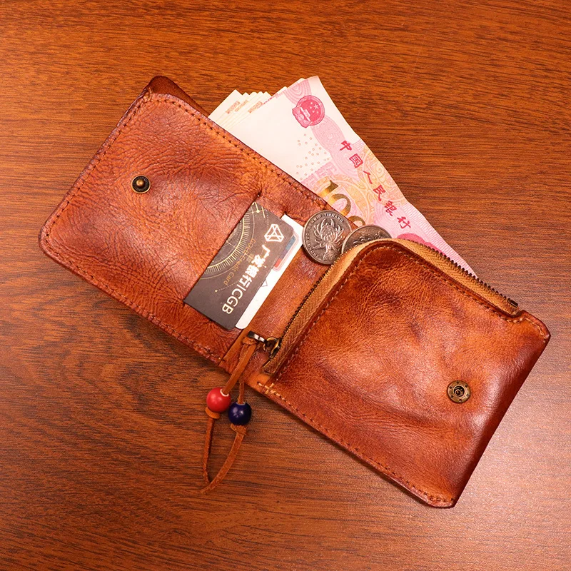 2025 Hand-rubbed Color Vegetable Tanned Leather Wallet Men Retro Do Old Banknote Cowhide Wallet Card Bag Coin Bag