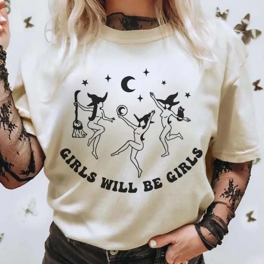 Retro Girls Will Be Girls Dancing Witches Pattern Women's Large Size T-Shirt Summer Clothing Fashion Round Neck Women's Top T-Sh