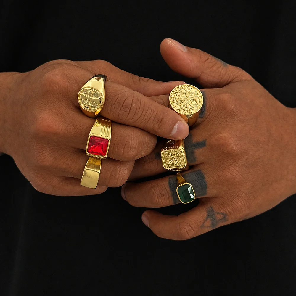 6PCS Cross Life Tree Eagle Ring For Men Red Green Stone Signet Gold Color Embossed Jewelry Bold Urban Statement Style