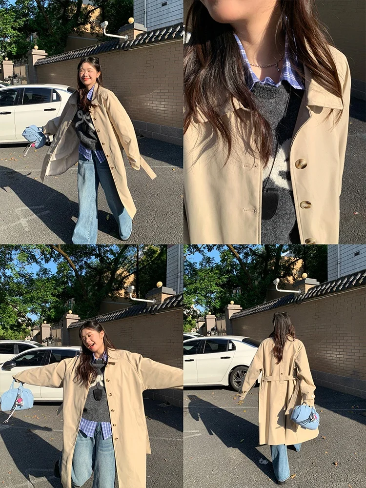 

Korean Sle Long Lapel Windbreaker Khaki Single Button Loose Fit Outerwear Mid-Length Coat Polyester Fiber Long Sve