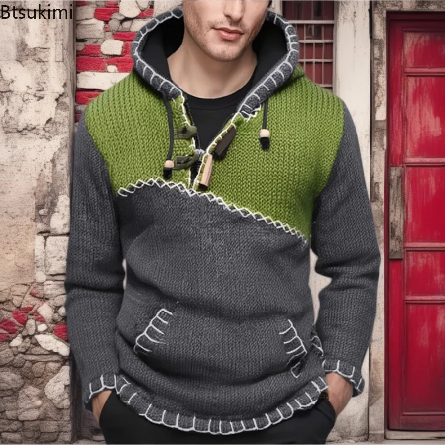 

New Men Clothes Autumn Winter Fashion Knitted Sweaters Casual Pockets Splice Hooded Pullovers Retro Drawstring Sweatshirts Male