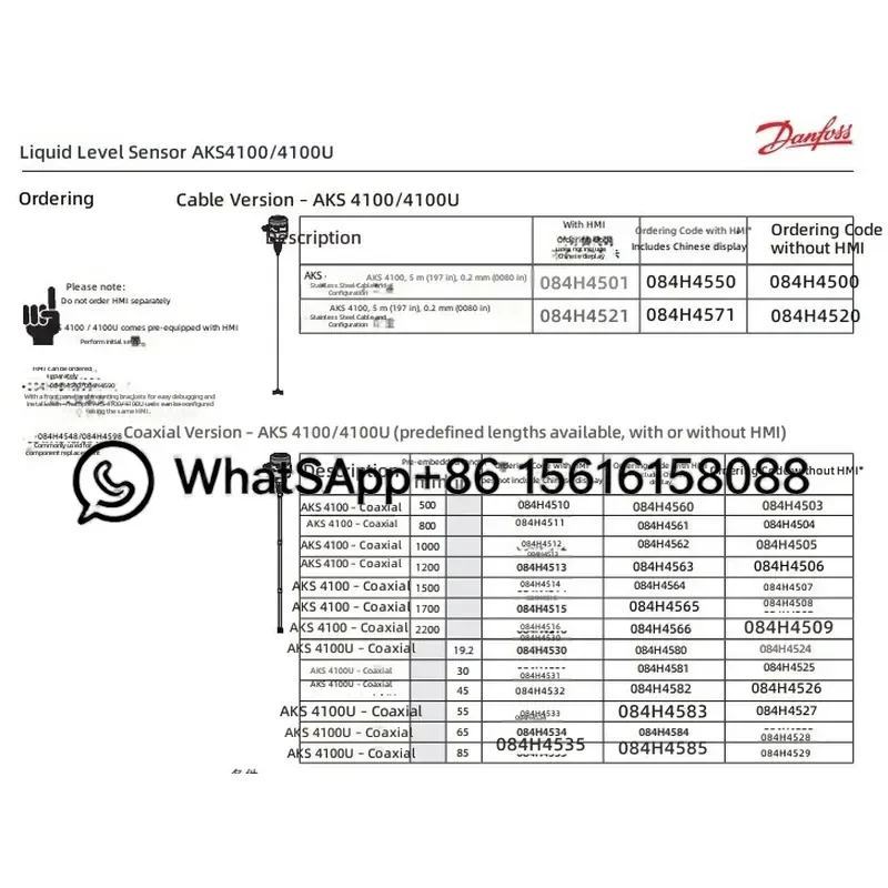Danfoss Level Sensor AKS4100U 084H4521 New Original with 5m Cable Refrigeration Parts