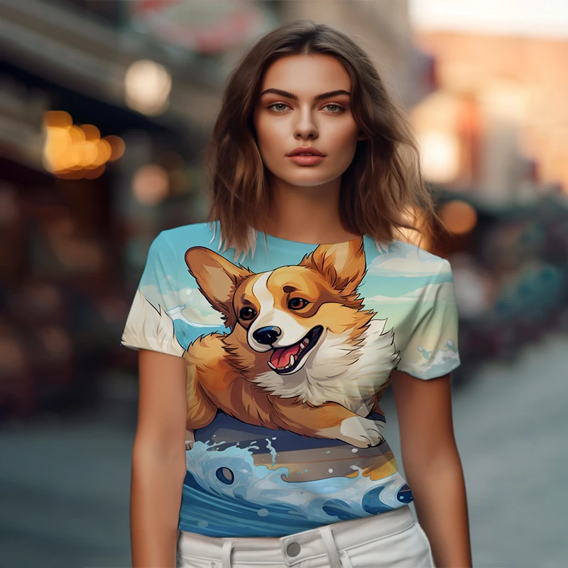 Summer new ladies T -shirt rushing Corgi 3D printed lady T -shirt leisure ladies T -shirt fashion trendy loose lady T -shirt