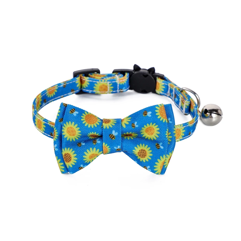 3pcs Cat Collar with Bowtie and Tiny Bell Bandana Pineapple Sunflower Printed Adorable Adjustable Pet Accessories for Kittens