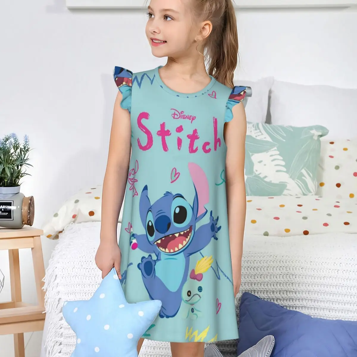 Girl's Stitch and Nightgowns Cute Night Dress Sleepwear Angel Pajamas Nightie for Little Girls