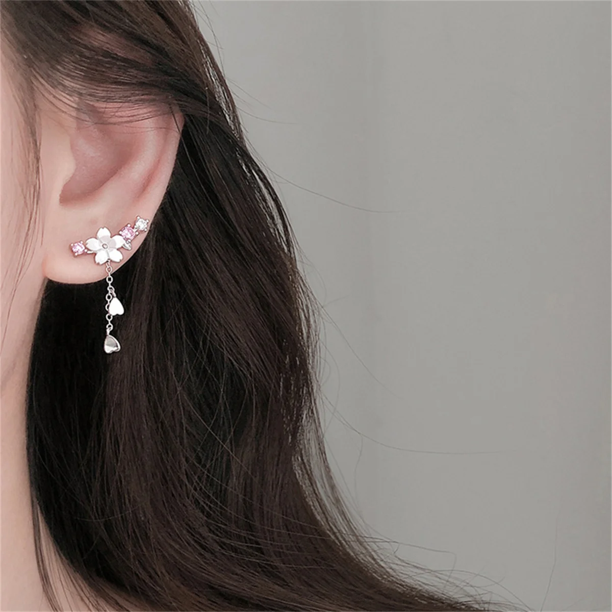 Korean Romantic Cherry Blossoms Flower Tassel Earrings For Women Girls Sweet Pink Zircon Shell Flower Earring Wedding Jewelry