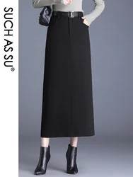 SUCH AS SU 2023 Twill Knit Ankle-Length Skirts Women Black Grey High Waist A-Line Skirt S-3XL Plus Size Fall Winter Skirt Female