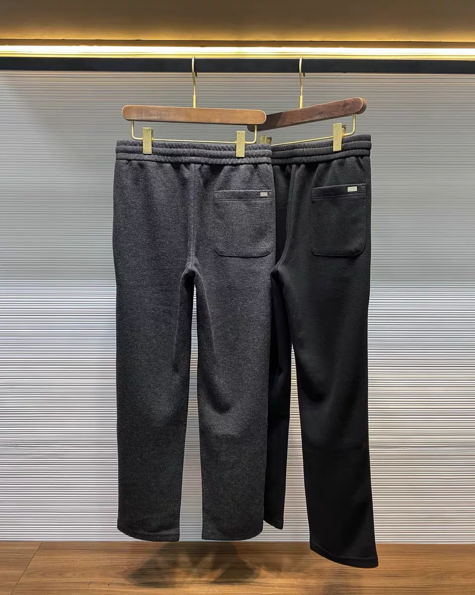 الخريف الشتاء الرجال السراويل مستقيم الساق الصوف مزيج متماسكة شعار معدني Dstring مرونة الخصر فضفاضة تناسب الترفيه السراويل