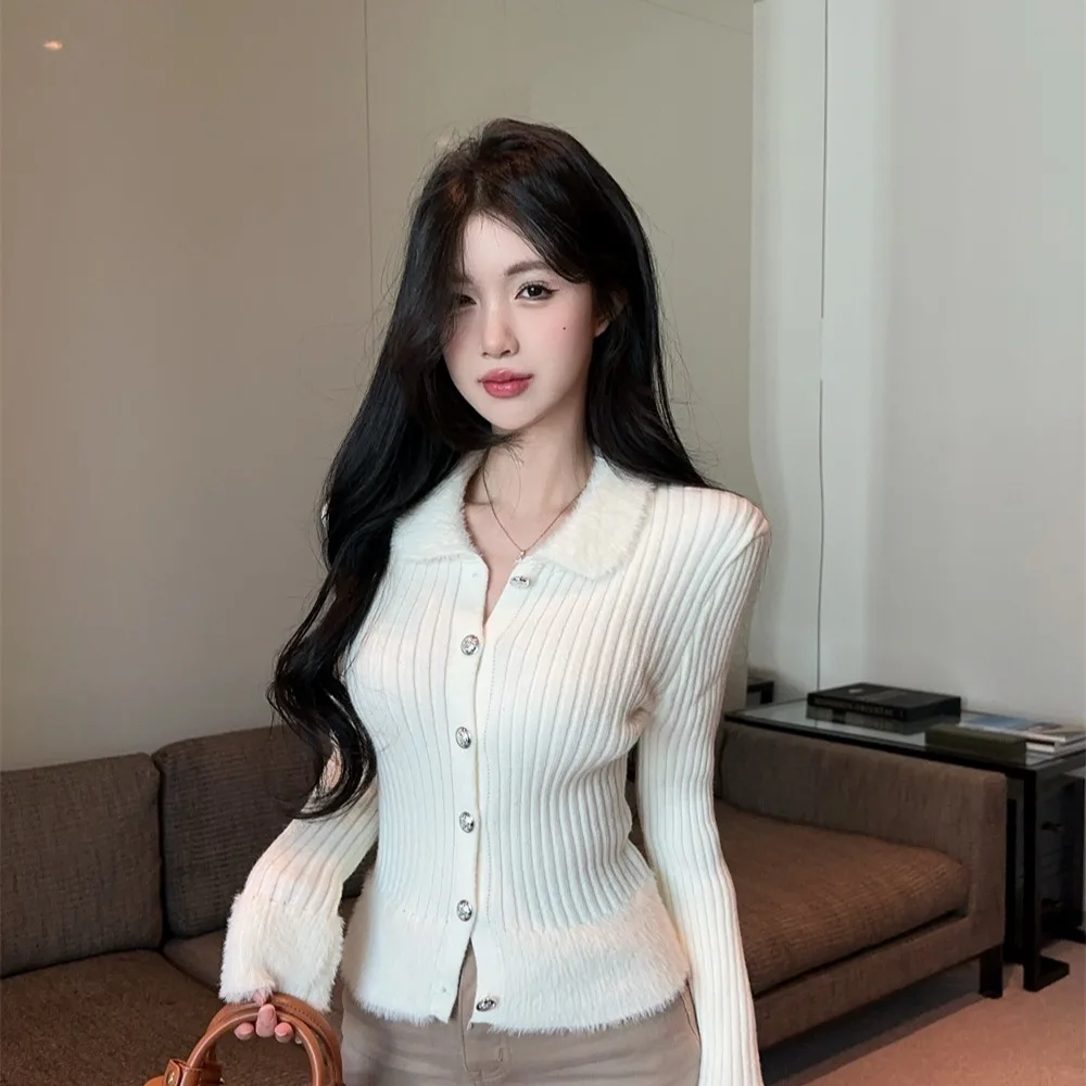 

Sweet ort Ne Patchwork Furry Sweater Striped Open Cardigan Color Blo Knitwear Autumn Winter for Young Women