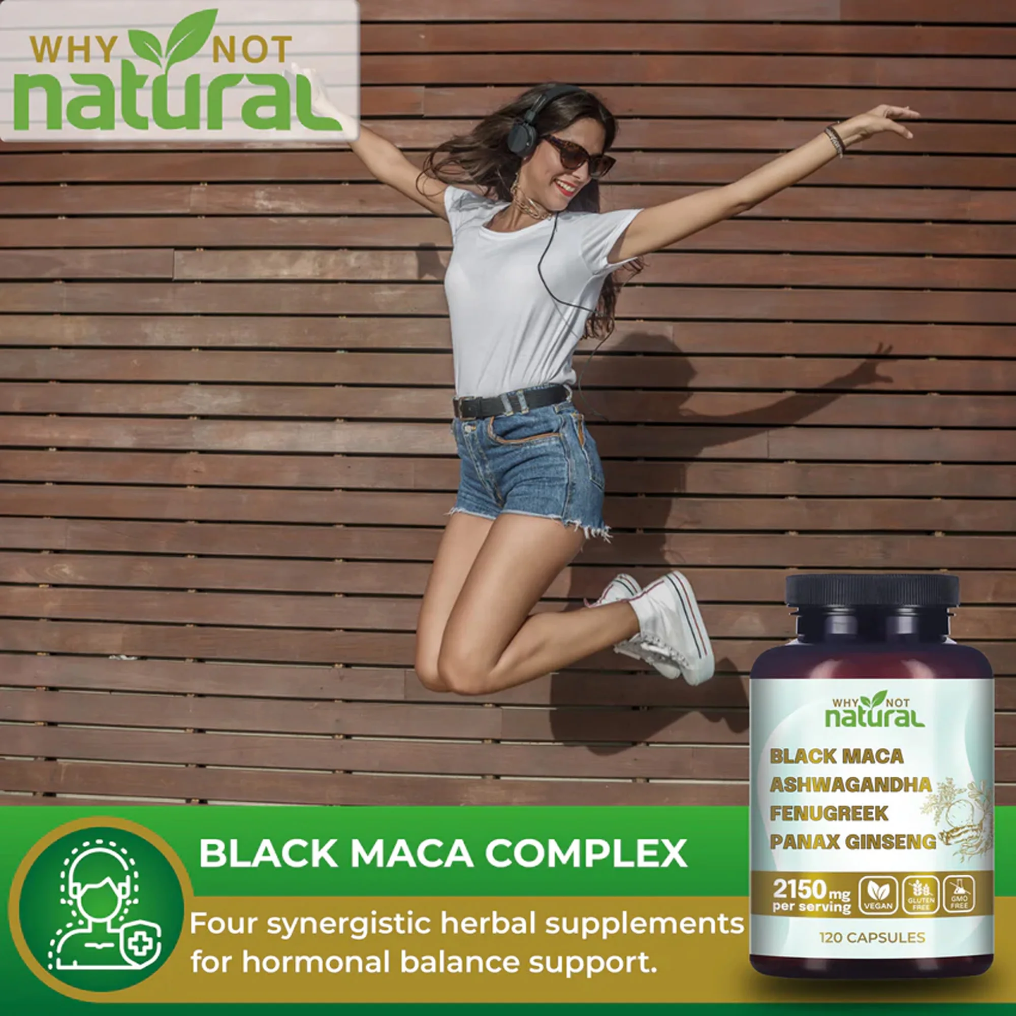 120 capsule 4 in 1 di radice di maca nera organica, Ashwagandha, fieno, Panax Ginseng - Migliora l'endurance e il fitness fisico