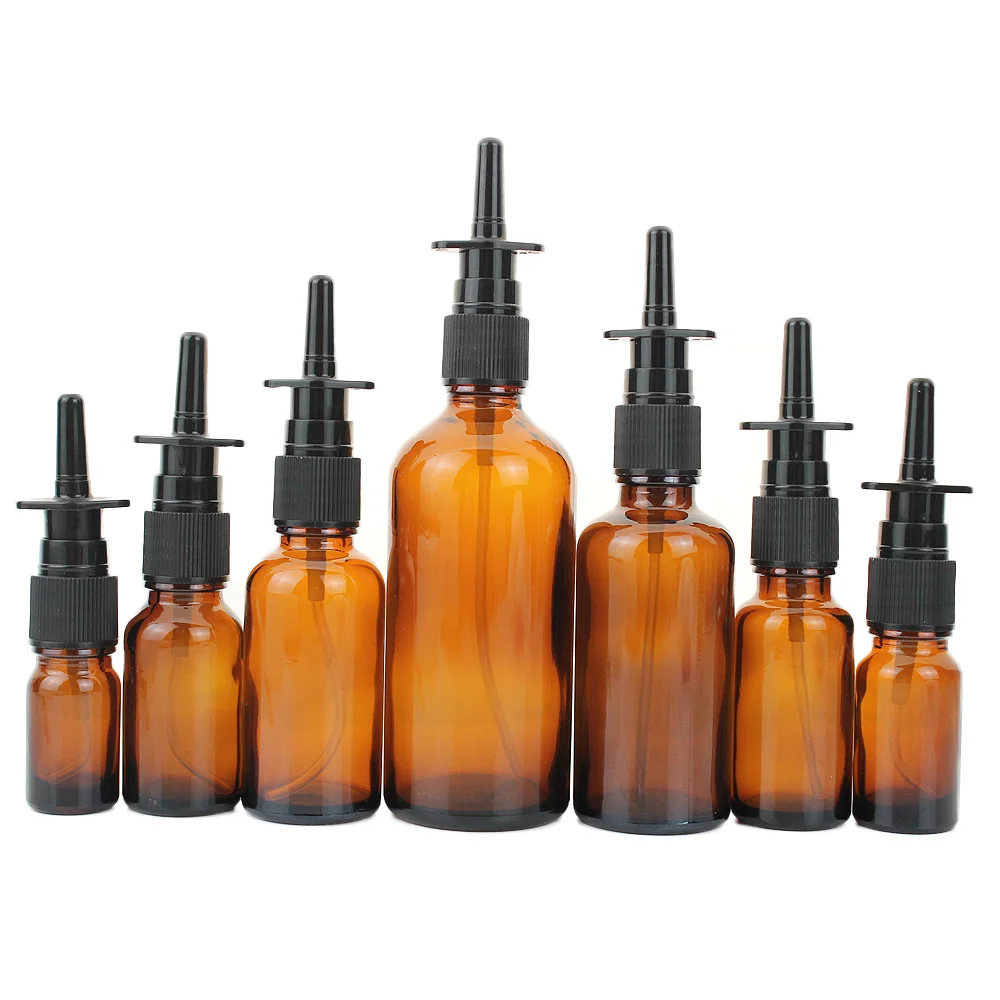 10pcs 5ml 10ml 15ml 20ml 30ml 50ml 100ml Amber Nasal Spray Bottle Glass with Fine Nose Mist Sprayer Press Spray Head Atomizer