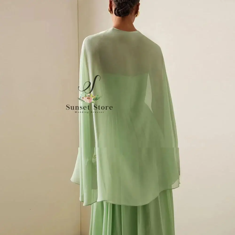 Personalizado simples verde sem alças com cabo chiffon a linha vestido de baile 2025 magro sem costas até o chão vestido de noite formal