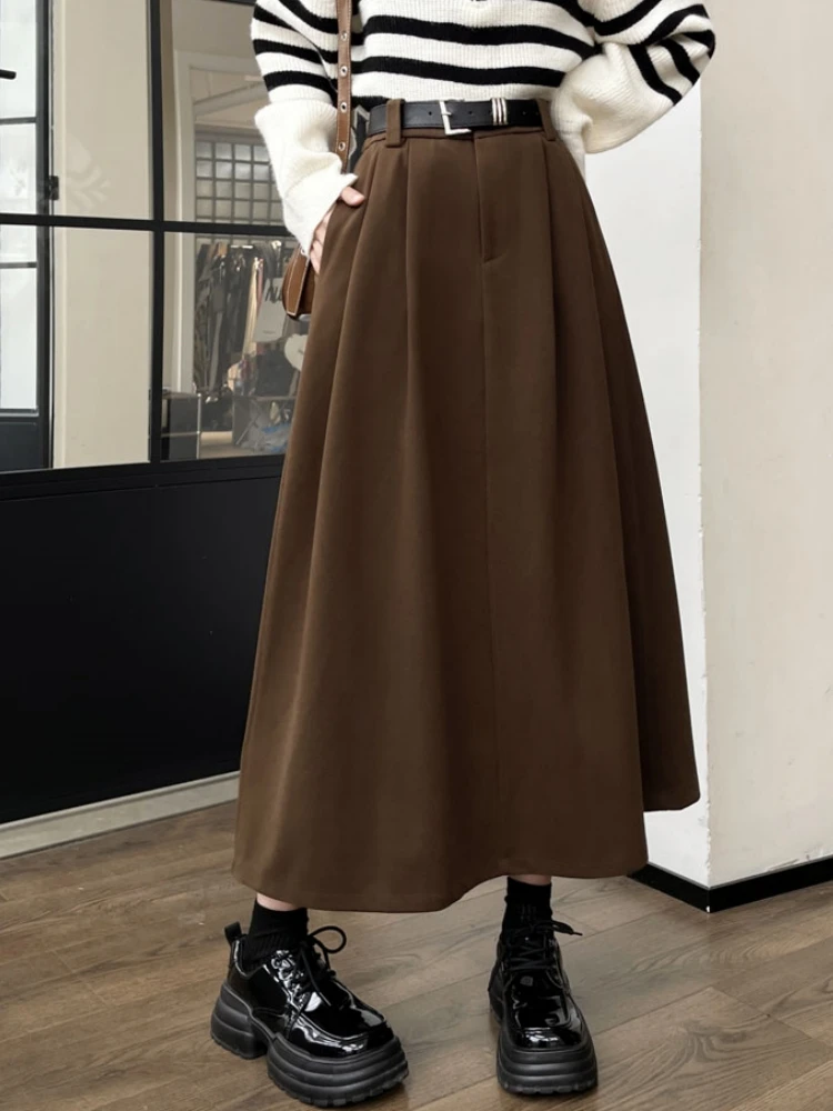 Qiukichonson Thick Mid Long Skirts Womens Woolen Skirt 2025 Autumn Winter Vintage High Waist Ruffle Pleated Skirts With Belt