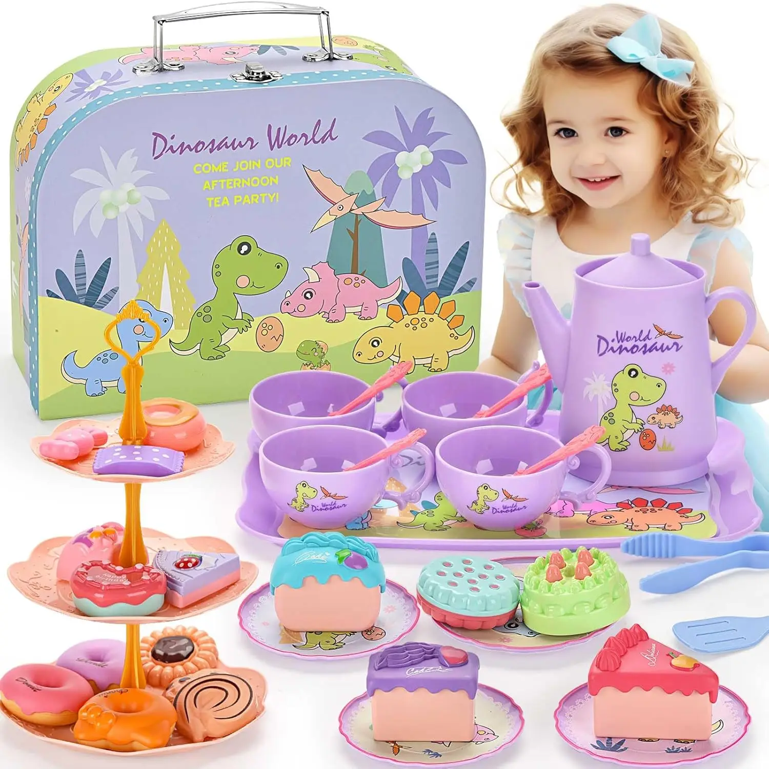 

Dinosaurs Tea Party Set for Little Girls Pretend Teapot Set Princess Play Kitchen Toy with Dessert Carrying Case Birthday Gifts