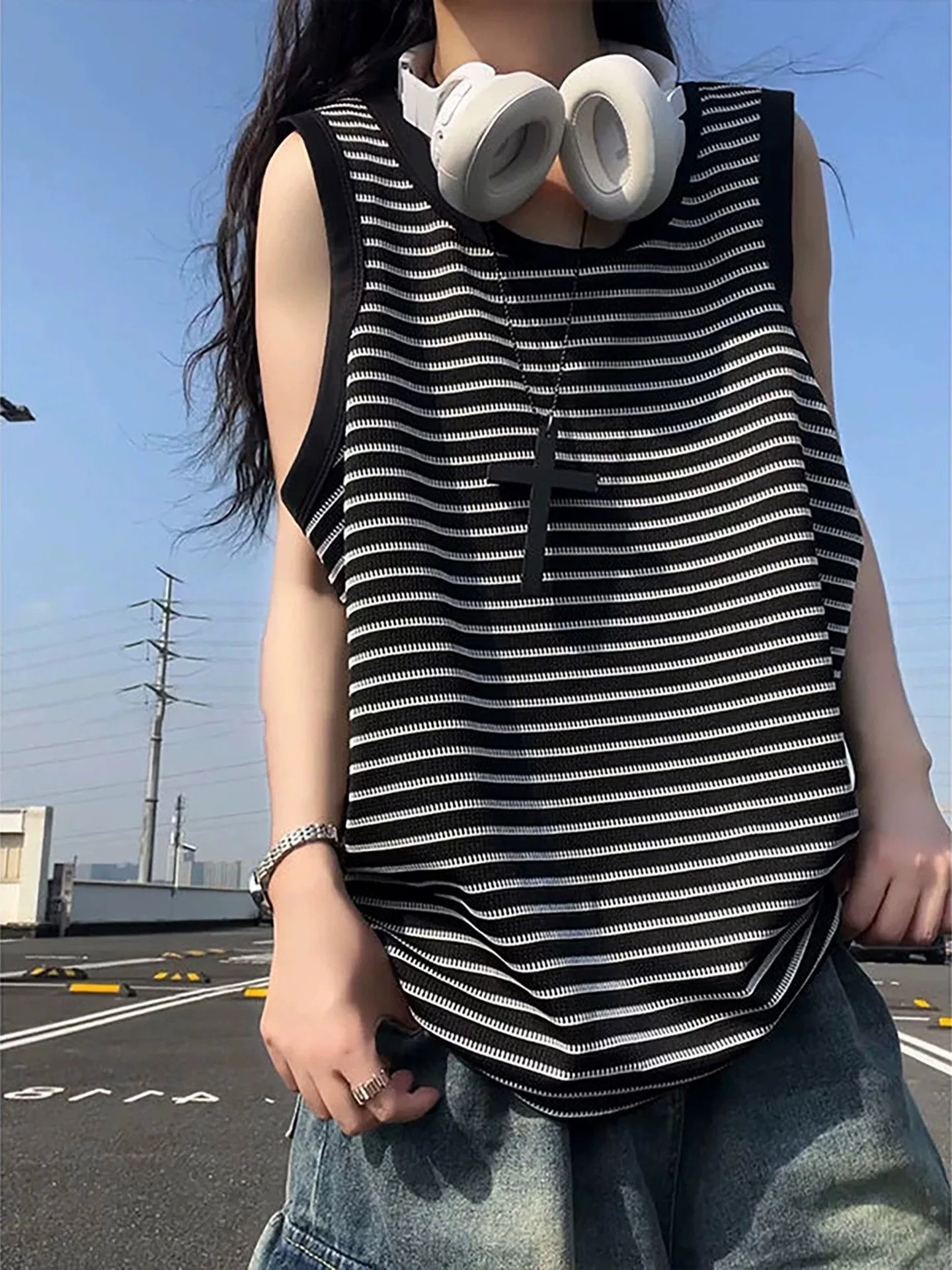American Style Color Block Stripe Men's Tank Top Fitness Sportswear Sleeveless Summer Breathable Sweatshirt round Neck
