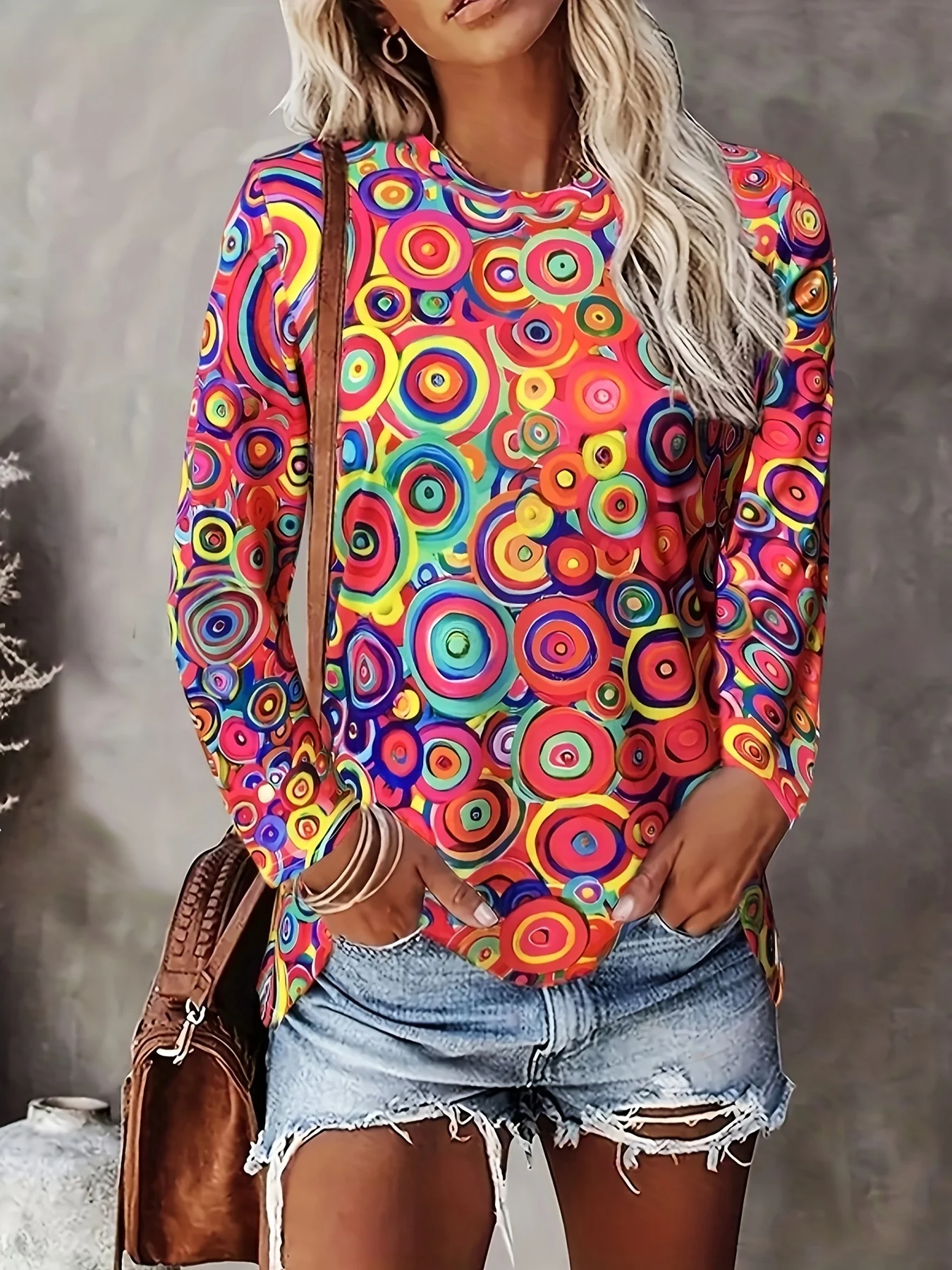 Women Round Neck Long Sleeve T-shirt Colorful Swirl Circle Abstract Print Casual Loose Blouse Spring Autumn Daily Basic Tops