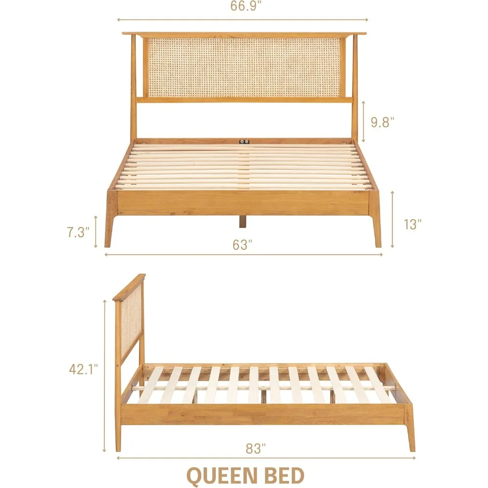 هيكل سرير خشبي من الروطان والبلوط الصلب مع لوح رأسي، يتميز بشرائح صامتة ودعم ما يصل إلى 1000 رطل