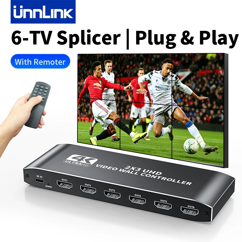 Unnlink 4K HDMI Video Wall Controller 2x3 3x2, TV Splicer with Aux SPDIF Optical Audio Extractor, RS232, IR Remote