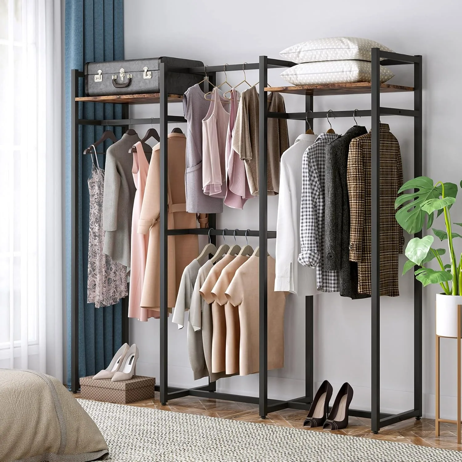 #LITTLE TREE Heavy Duty Garment Rack, Free Standing Metal Closet Organizer with Shelves Hanging Rod,Max Load for Hallway Bedroom